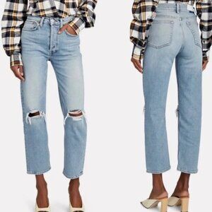 RE/DONE 70S Stove Pipe Distressed Raw Hem Button Fly Jeans Size 26
